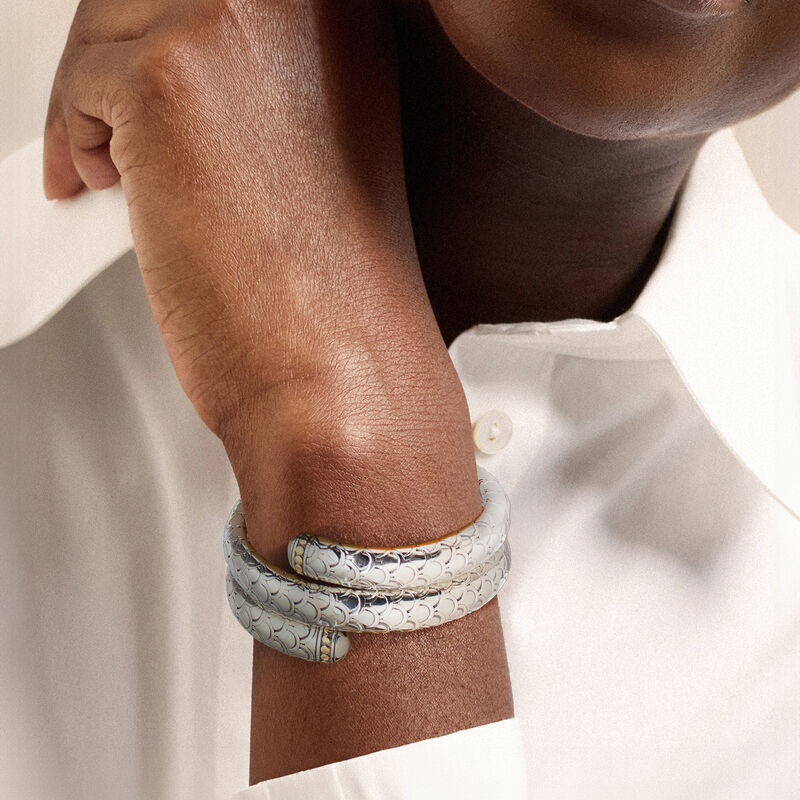 C. 1990 Vintage John Hardy Sterling Silver Scale-Pattern Coiled Bangle Bracelet with 18kt Yellow Gold. 6.5" image number 1