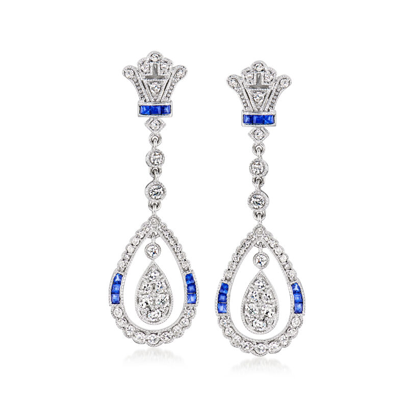 C. 2000 Vintage .71 ct. t.w. Diamond and .31 ct. t.w. Sapphire Drop Earrings in 14kt White Gold  image number 0