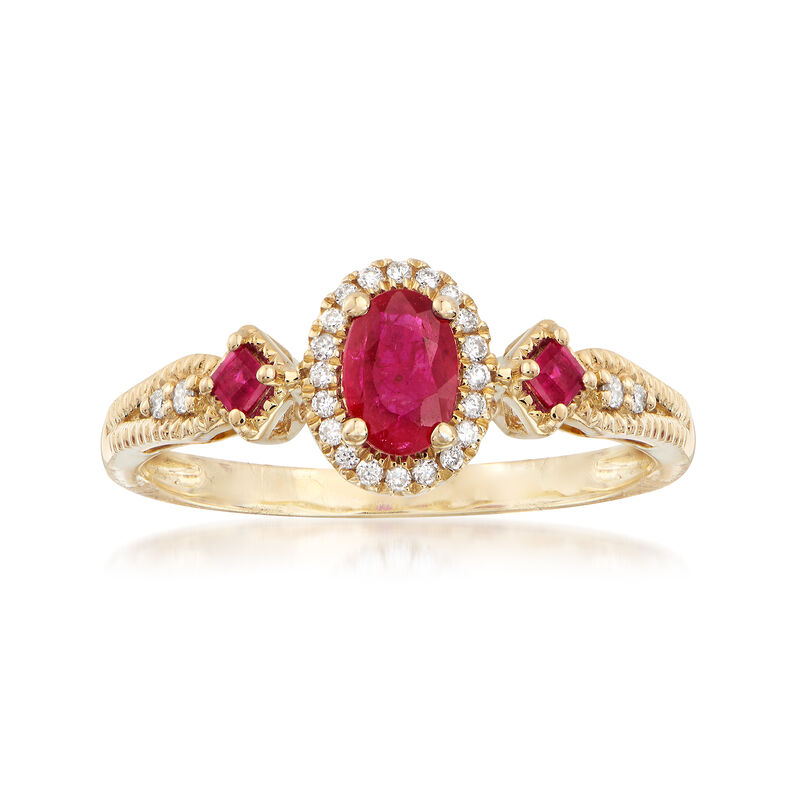 .60 ct. t.w. Ruby and .11 ct. t.w. Diamond Halo Ring in 14kt Yellow Gold image number 0