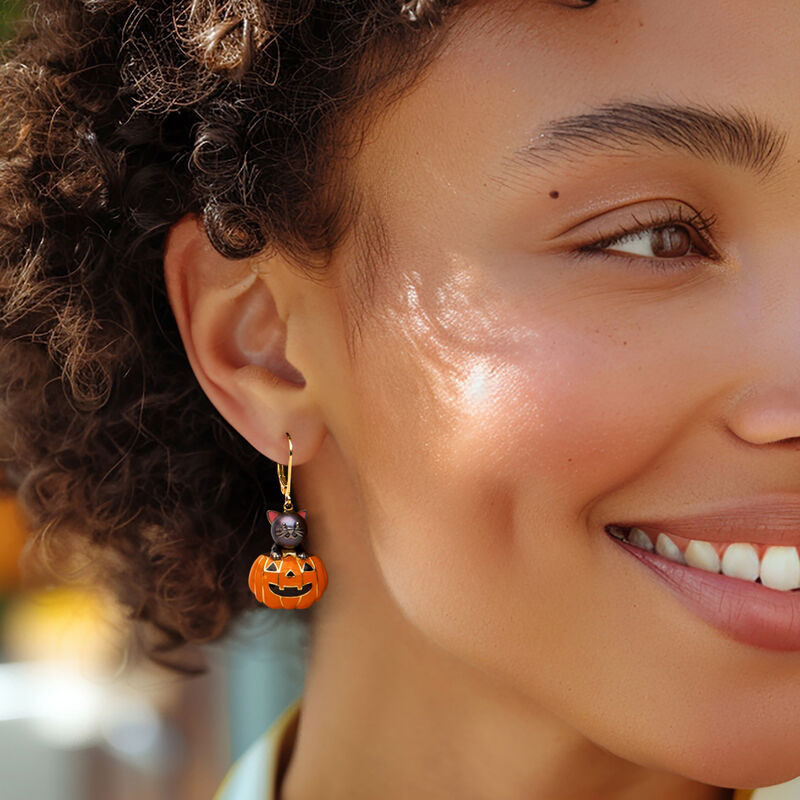 8-8.5mm Black Cultured Pearl Cat and Orange Enamel Pumpkin Drop Earrings in 18kt Gold Over Sterling  image number 1