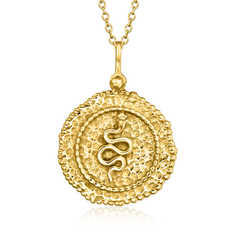 18kt Gold Over Sterling Textured and Polished Snake Medallion Pendant Necklace. 18&quot; image number 1