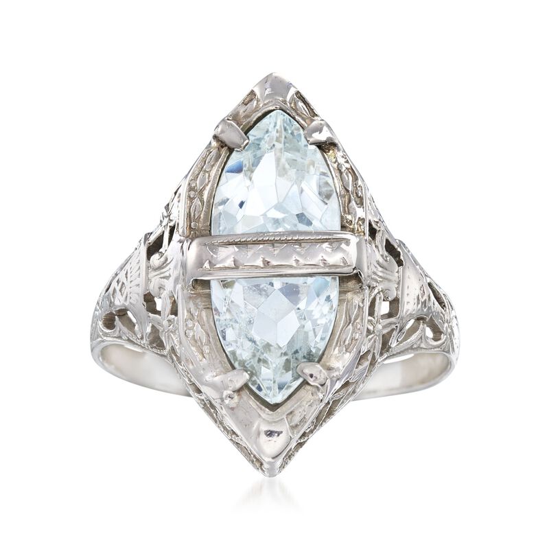 C. 1950 Vintage 1.25 ct. t.w. Aquamarine Filigree Navette Ring in 14kt White Gold. Size 6 image number 0