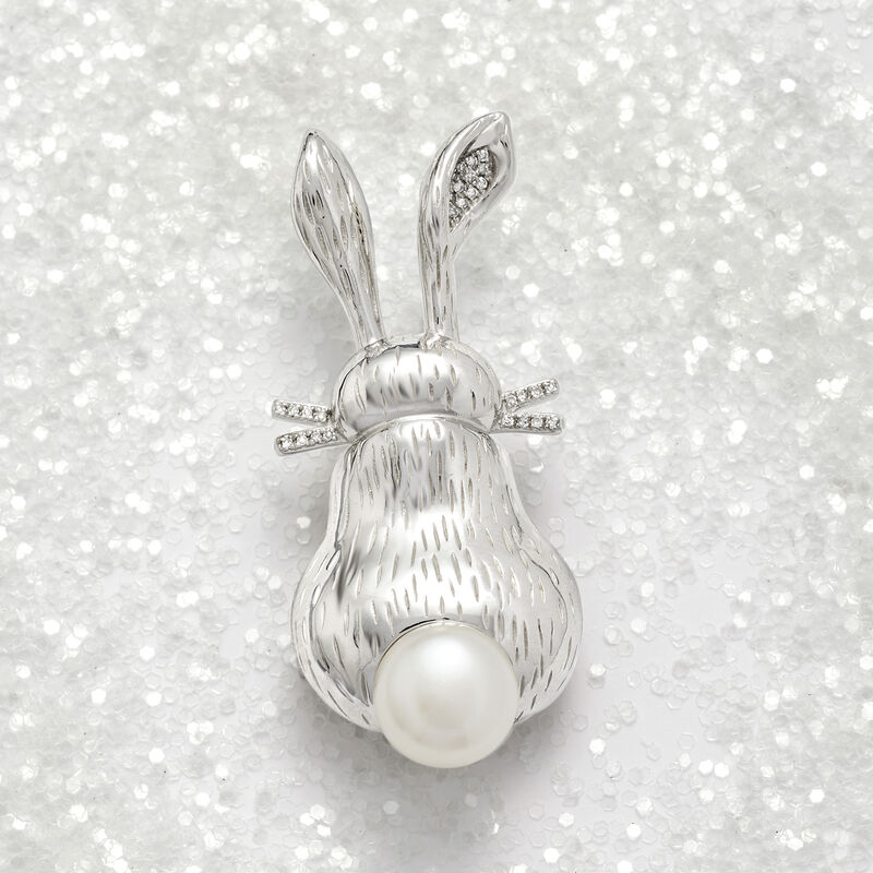 9.5-10mm Cultured Pearl and .10 ct. t.w. Diamond Bunny Pin in Sterling Silver image number 2
