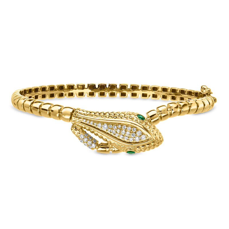 .30 ct. t.w. Lab-Grown Diamond and .10 ct. t.w. Lab-Grown Emerald Snake Bangle Bracelet in 18kt Gold Over Sterling image number 0