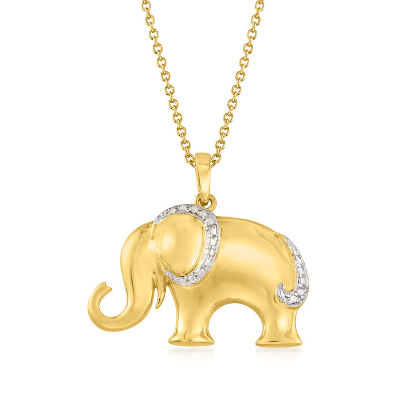 18kt Gold Over Sterling Silver Elephant Pendant Necklace with Single Diamond image number 0