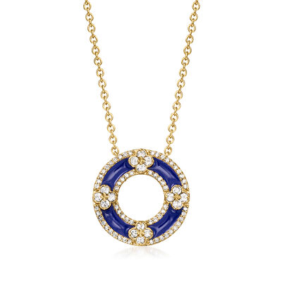C. 1980 Vintage .75 ct. t.w. Diamond and Navy Blue Enamel Circle Necklace in 14kt Yellow Gold