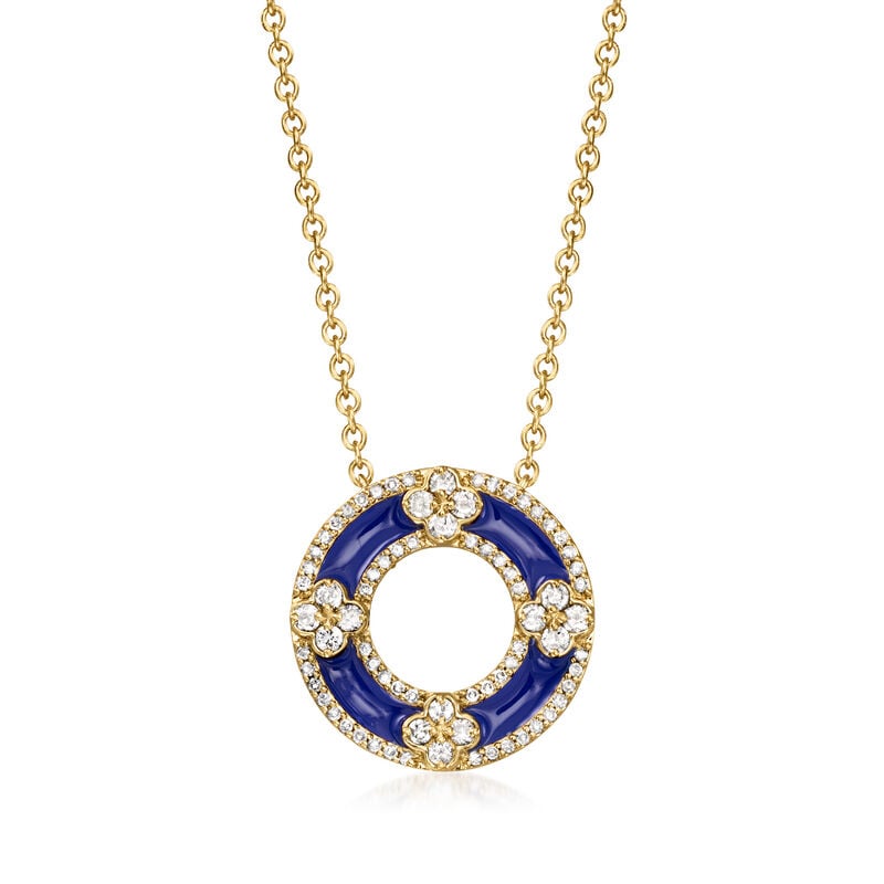 C. 1980 Vintage .75 ct. t.w. Diamond and Navy Blue Enamel Circle Necklace in 14kt Yellow Gold. 15.75" image number 0