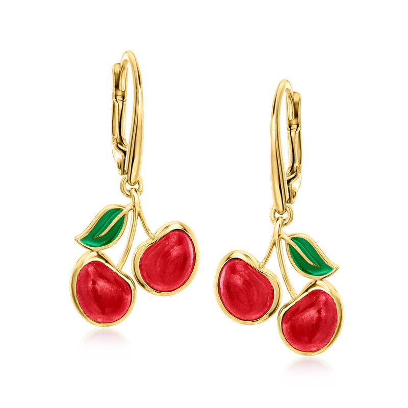 4.90 ct. t.w. Ruby Cherry Drop Earrings with Green Enamel in 18kt Gold Over Sterling  image number 0