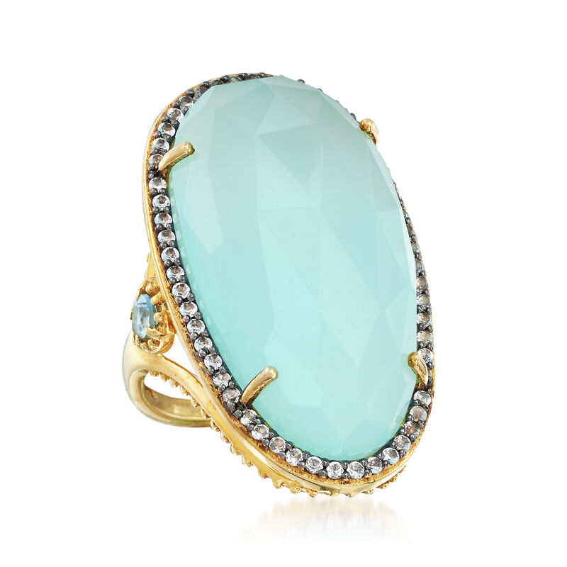 Aqua Chalcedony and .70 ct. t.w. Blue and White Topaz Ring in 18kt Gold Over Sterling image number 3