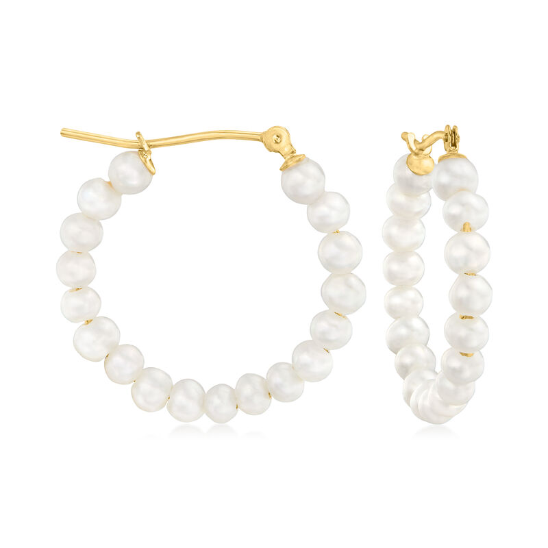 3-3.5mm Cultured Pearl Hoop Earrings in 10kt Yellow Gold. 7/8&quot; image number 0