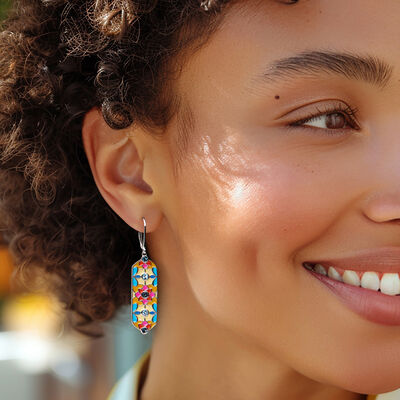 .50 ct. t.w. Swiss and London Blue Topaz Floral Drop Earrings with Multicolored Enamel in Sterling Silver