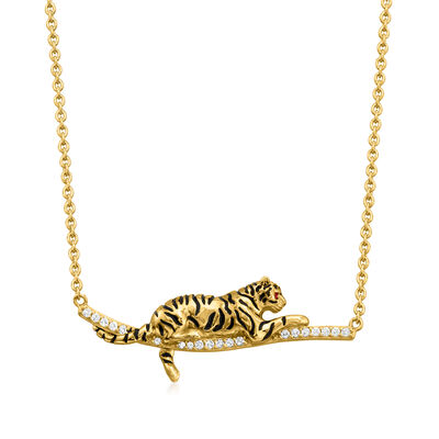 .10 ct. t.w. White Topaz and Black Enamel Tiger Bar Necklace with Rubies in 18kt Gold Over Sterling