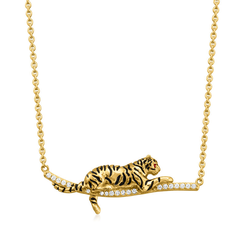 .10 ct. t.w. White Topaz and Black Enamel Tiger Bar Necklace with Rubies in 18kt Gold Over Sterling. 18&quot; image number 1