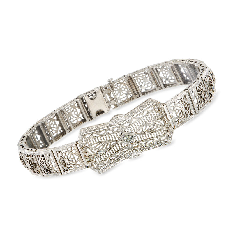 C. 1950 Vintage 14kt White Gold Openwork Bracelet with Single Diamond. 7.25" image number 0