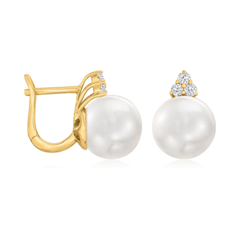 8.5-9mm Cultured Pearl and .16 ct. t.w. Diamond Drop Earrings in 14kt Yellow Gold image number 3