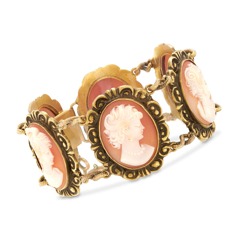 C. 1970 Vintage Pink Shell Multi-Cameo Bracelet in 14kt Yellow Gold. 7.75&quot;  image number 0