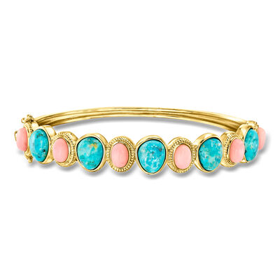 Pink Coral and Turquoise Bangle Bracelet in 18kt Gold Over Sterling