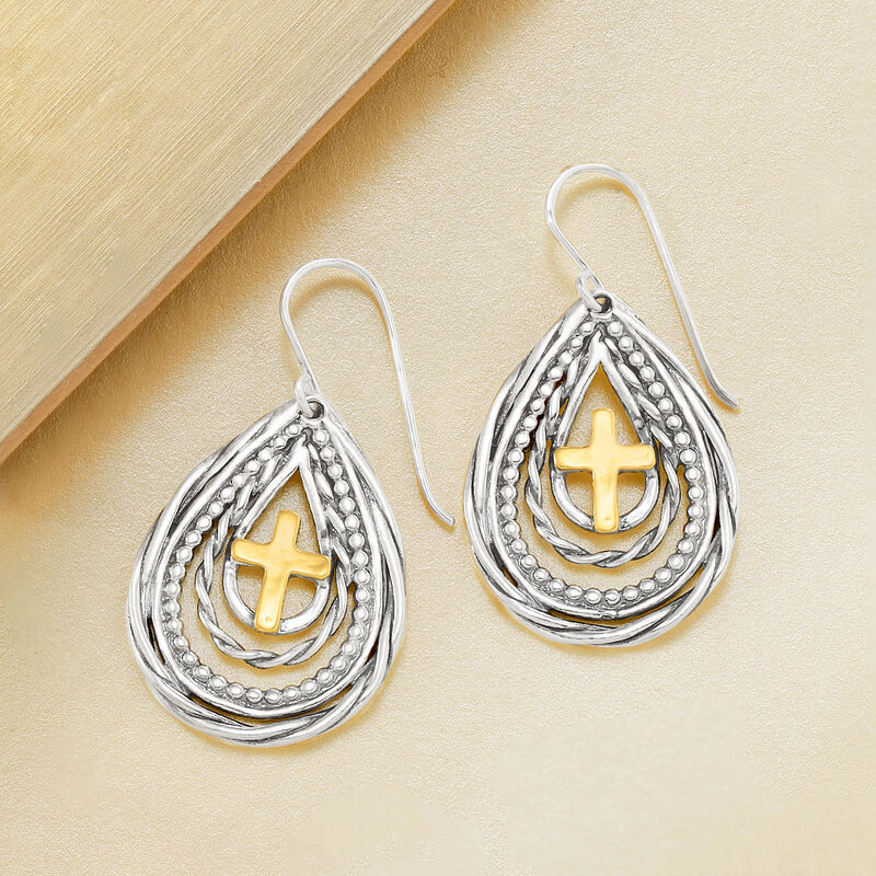Sterling Silver and 14kt Yellow Gold Cross Teardrop Earrings  image number 2