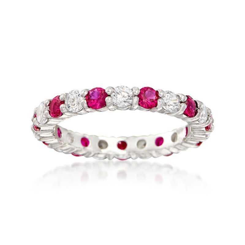 Simulated Ruby and .80 ct. t.w. CZ Eternity Band in Sterling Silver image number 0