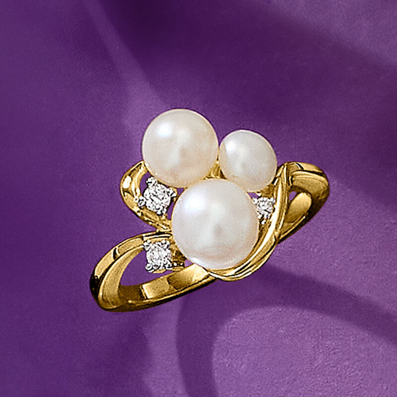 5-7mm Cultured Pearl Ring with Lab-Grown Diamonds in 18kt Gold Over Sterling image number 3
