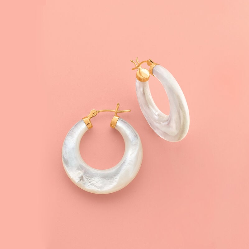 Mother-of-Pearl Hoop Earrings with 14kt Yellow Gold. 1 1/8" image number 3