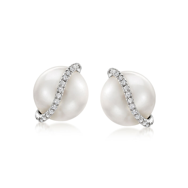 8-8.5mm Cultured Pearl and Diamond Swirl Earrings in Sterling Silver  image number 0