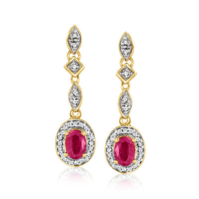 1.20 ct. t.w. Ruby and .30 ct. t.w. Diamond Drop Earrings in 18kt Gold Over Sterling