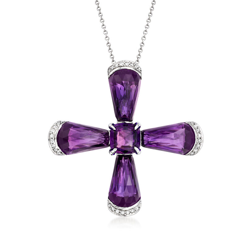 C. 1990 Vintage 13.70 ct. t.w. Amethyst and .40 ct. t.w. Diamond Cross Pendant Necklace in 18kt White Gold. 18" image number 0