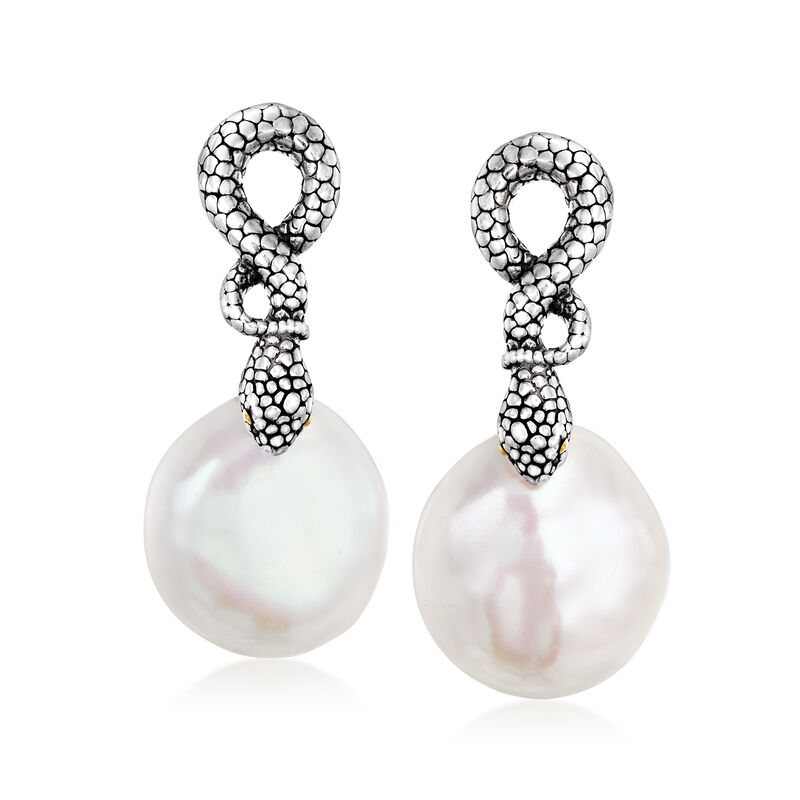 16-17mm Cultured Coin Pearl Bali-Style Snake Drop Earrings in Sterling Silver  image number 0