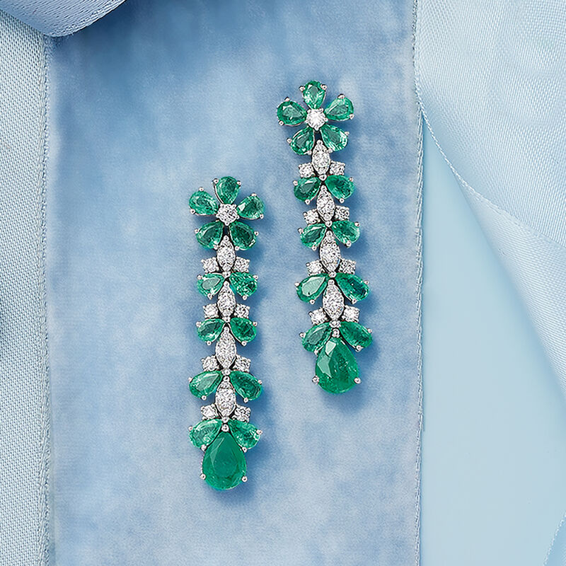 5.40 ct. t.w. Emerald and 1.00 ct. t.w. Diamond Floral Drop Earrings in 18kt White Gold image number 2