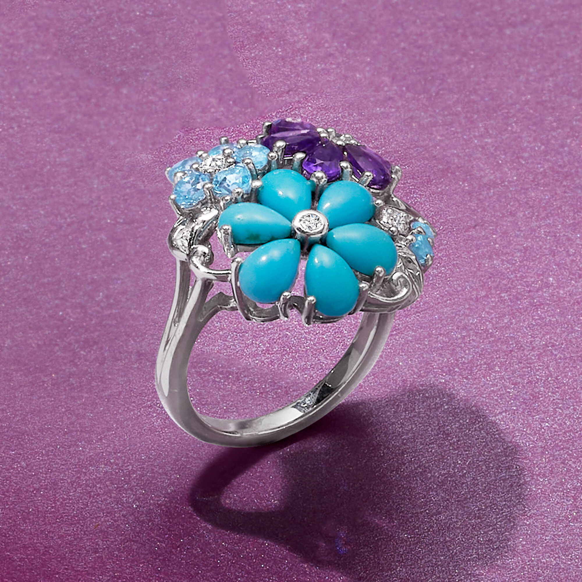 1.80 ct. t.w. Multi Gemstone and Turquoise Flower Ring in Sterling Silver