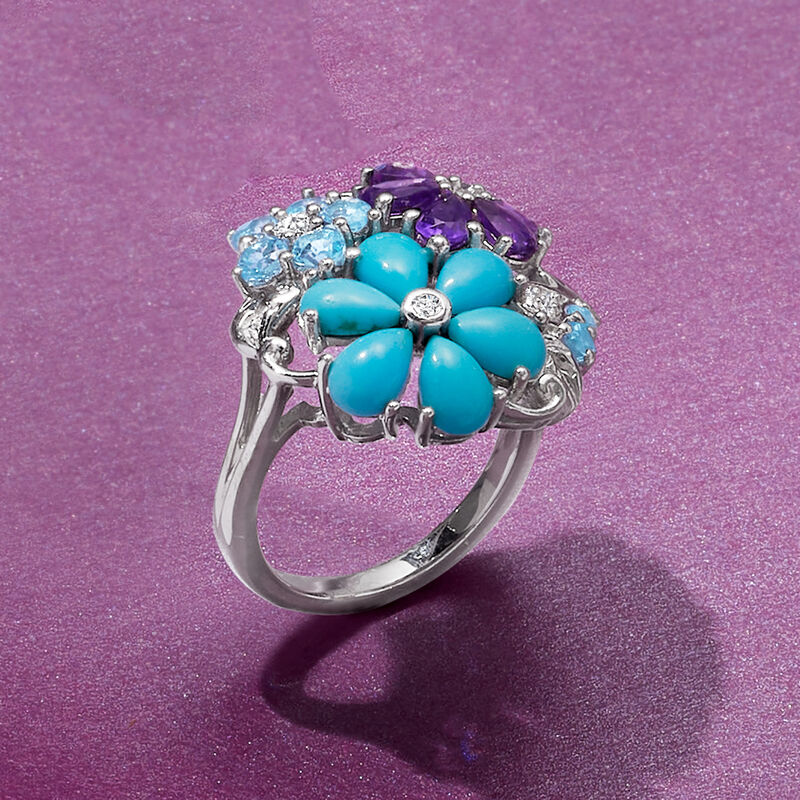 1.80 ct. t.w. Multi-Gemstone and Turquoise Flower Ring in Sterling Silver image number 3