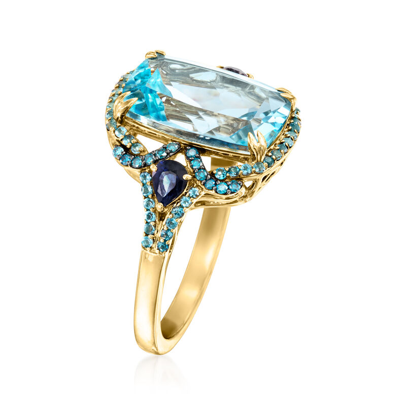8.25 Carat Sky Blue Topaz and .50 ct. t.w. Sapphire Ring with .30 ct. t.w. London Blue Topaz and .13 ct. t.w. Blue Diamonds in 14kt Yellow Gold image number 1