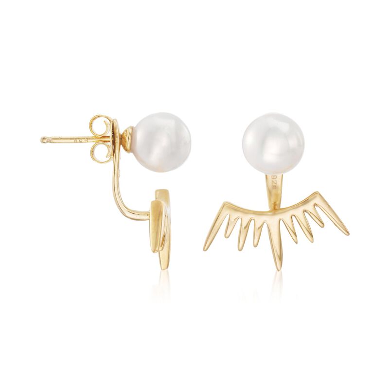 8mm Shell Pearl Jewelry Set: Earrings and Spiked Front-Back Jackets in 18kt Gold Over Sterling image number 1