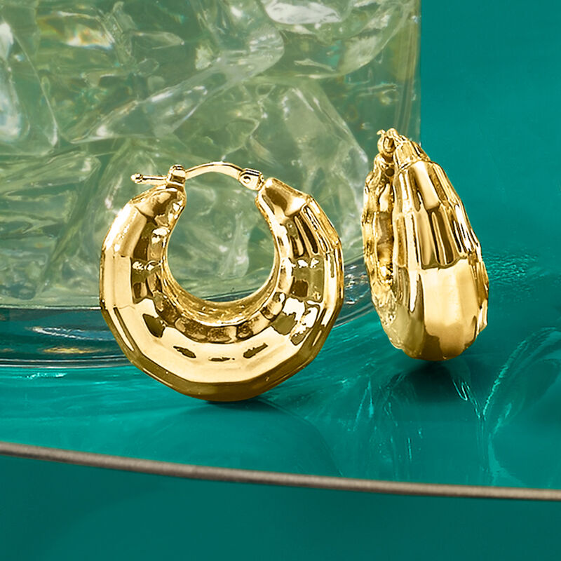 Italian 14kt Yellow Gold Rectangular Faceted Hoop Earrings. 1 1/8&quot; image number 2