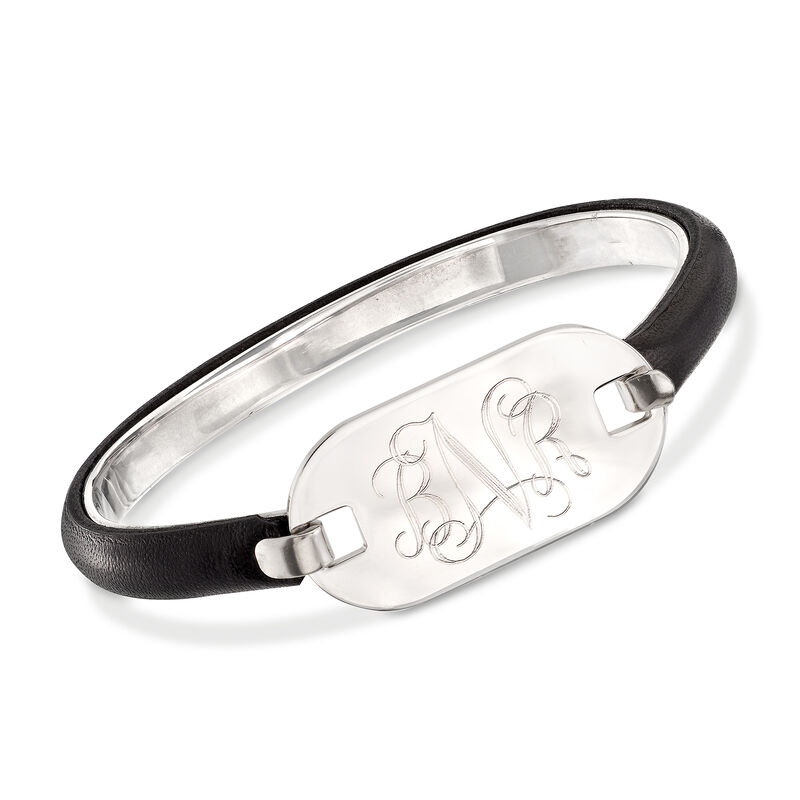 Italian Sterling Silver Personalized Oval Bangle Bracelet with Black Leather image number 0