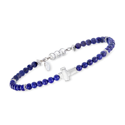 Gabriel Designs 4-4.5mm Lapis Bead Cross Bracelet in Sterling Silver