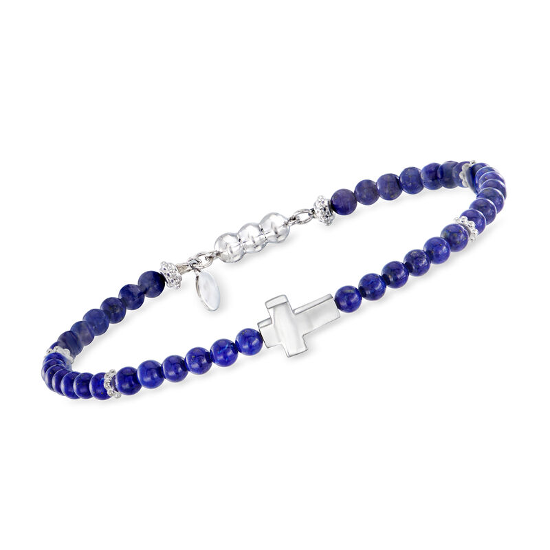 Gabriel Designs 4-4.5mm Lapis Bead Cross Bracelet in Sterling Silver. 8&quot; image number 0