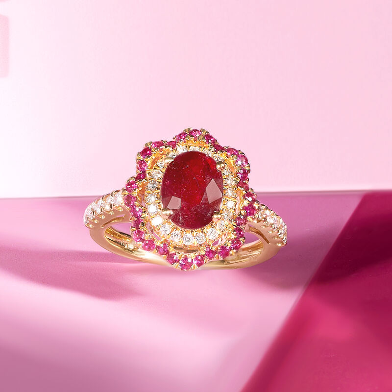 1.50 ct. t.w. Ruby and .30 ct. t.w. Diamond Floral Ring in 18kt Yellow Gold image number 3