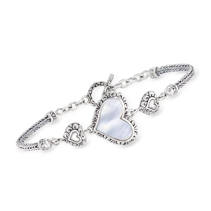 10x15mm Mother-of-Pearl Bali-Style Heart Bracelet in Sterling Silver image number 0