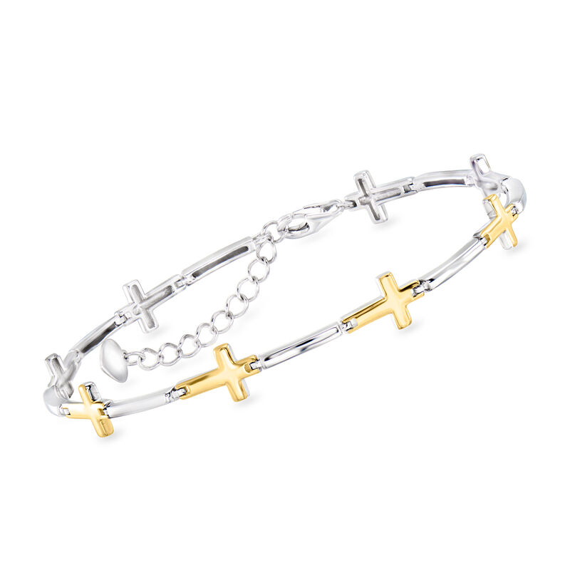 Sterling Silver and 18kt Gold Over Sterling Cross Bracelet. 7" image number 0