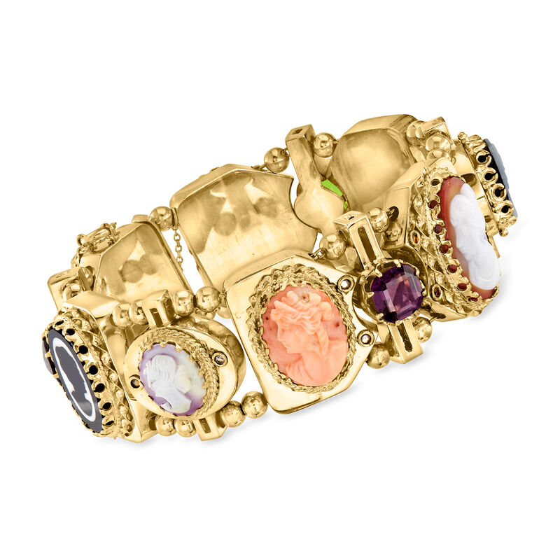 C. 1950 Vintage Multi-Gemstone Cameo Slide Charm Bracelet in 14kt Yellow Gold. 7&quot; image number 0