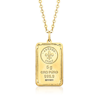 Italian 24kt Yellow Gold Fleur-De-Lis Five-Gram Ingot Pendant Necklace with 14kt Gold Frame