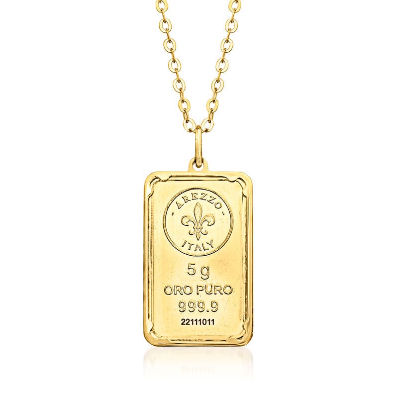 Italian 24kt Yellow Gold Fleur-De-Lis Five-Gram Ingot Pendant Necklace with 14kt Gold Frame. 18" image number 1