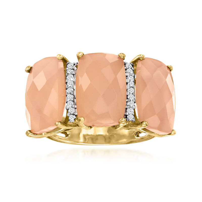 Peach Agate Three-Stone Ring with .10 ct. t.w. Diamonds in 14kt Yellow Gold. Size 7 image number 0