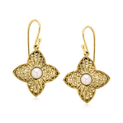 14kt Yellow Gold-Plated Floral Filigree Drop Earrings with 4mm Cultured Pearls