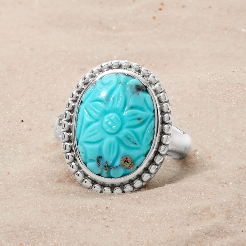 Turquoise Carved Flower Ring in Sterling Silver image number 3