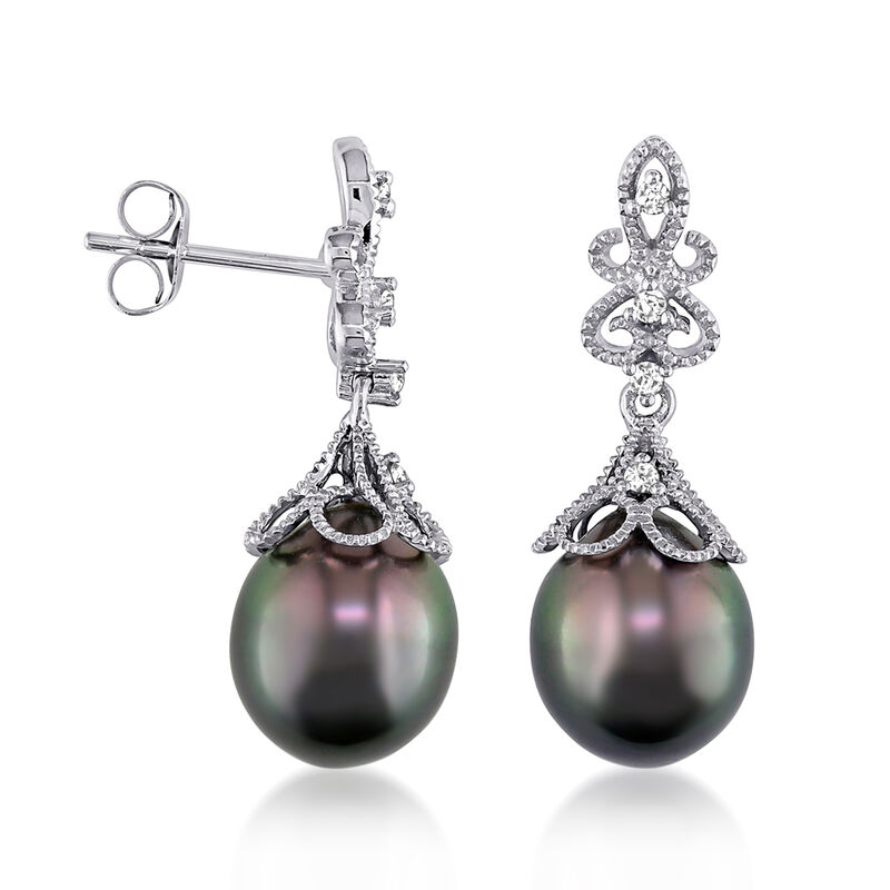 9-9.5mm Black Cultured Tahitian Pearl and Diamond-Accented Drop Earrings in 14kt White Gold image number 1
