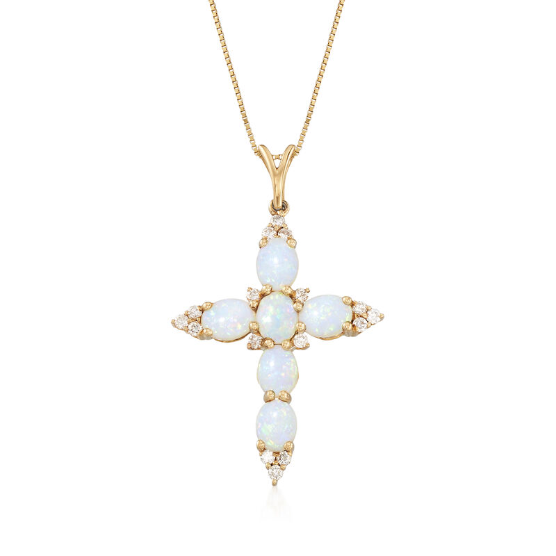 Australian Opal and .16 ct. t.w. Diamond Cross Pendant Necklace in 14kt Yellow Gold image number 0