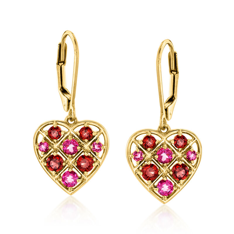 .80 ct. t.w. Garnet and .50 ct. t.w. Pink Topaz Heart Drop Earrings in 18kt Gold Over Sterling  image number 0